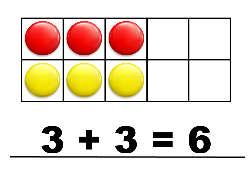 Modeling 3 + 3 with red and yellow counters.