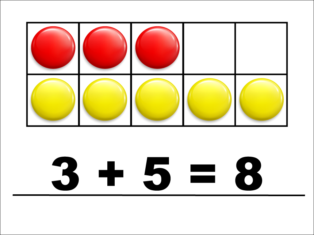Modeling 3 + 5 with red and yellow counters.