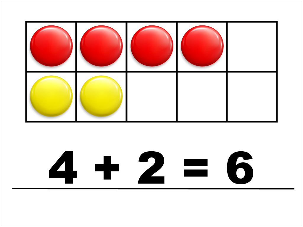 Modeling 4 + 2 with red and yellow counters.