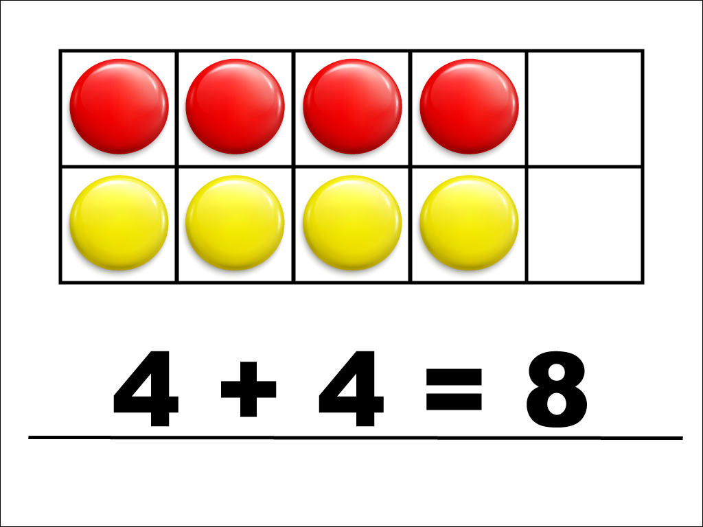 Modeling 4 + 4 with red and yellow counters.