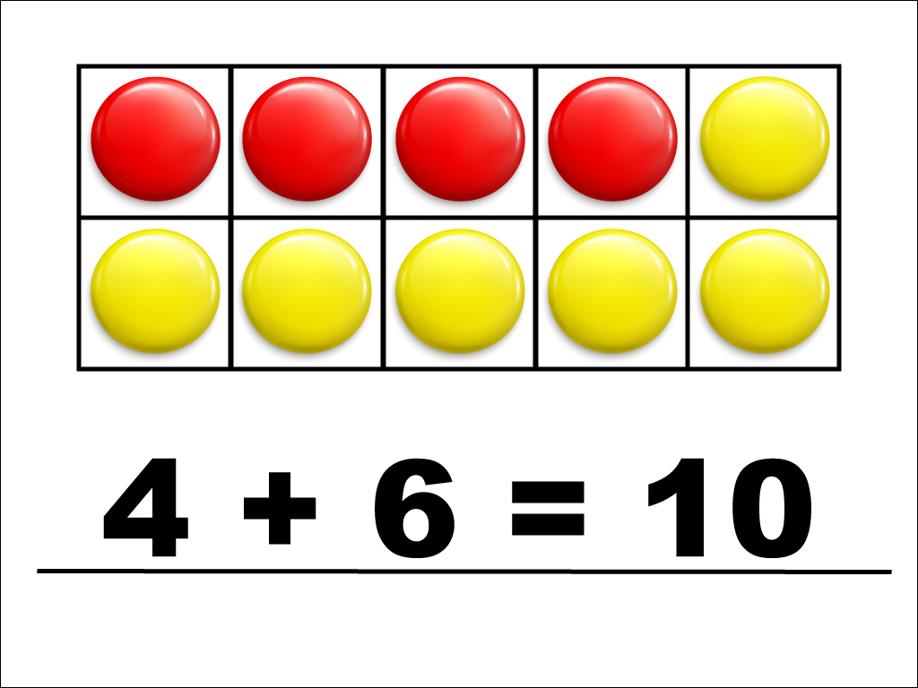 Modeling 4 + 6 with red and yellow counters.