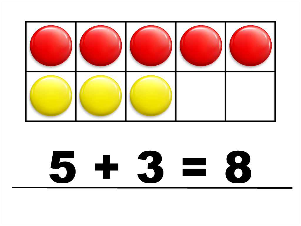 Modeling 5 + 3 with red and yellow counters.