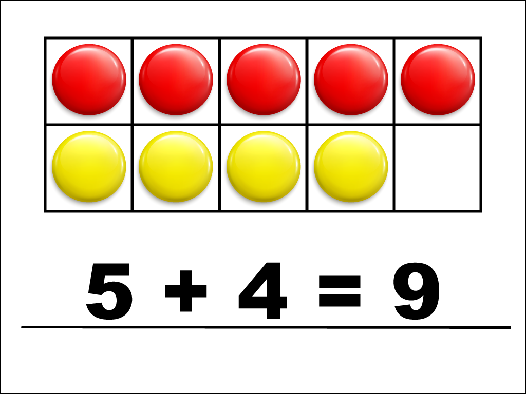 Modeling 5 + 4 with red and yellow counters.