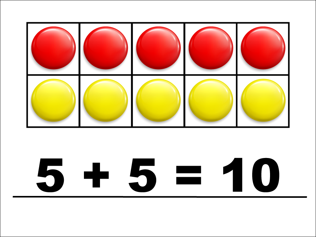 Modeling 5 + 5 with red and yellow counters.