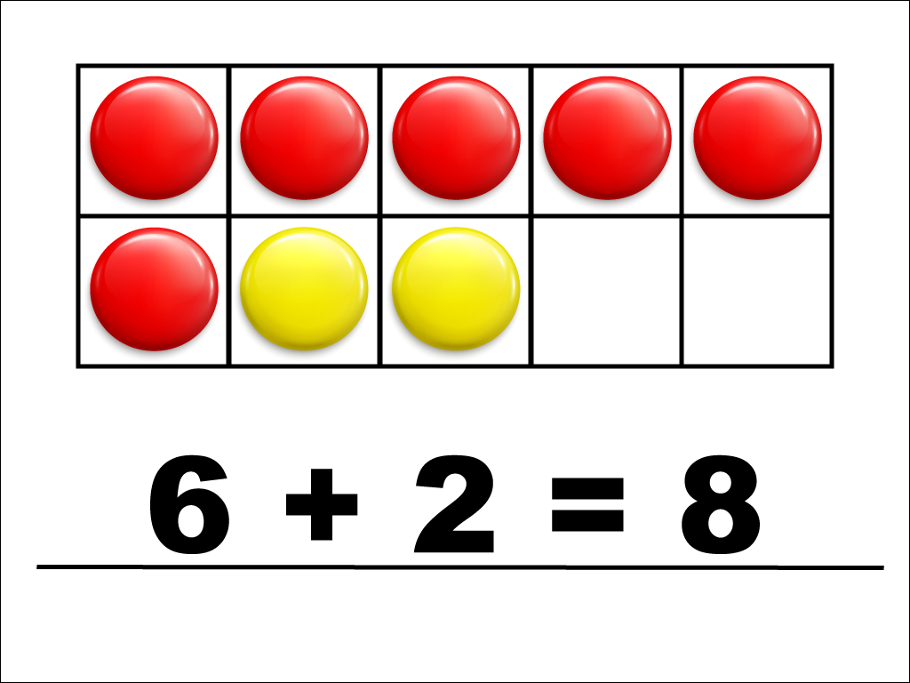 Modeling 6 + 2 with red and yellow counters.