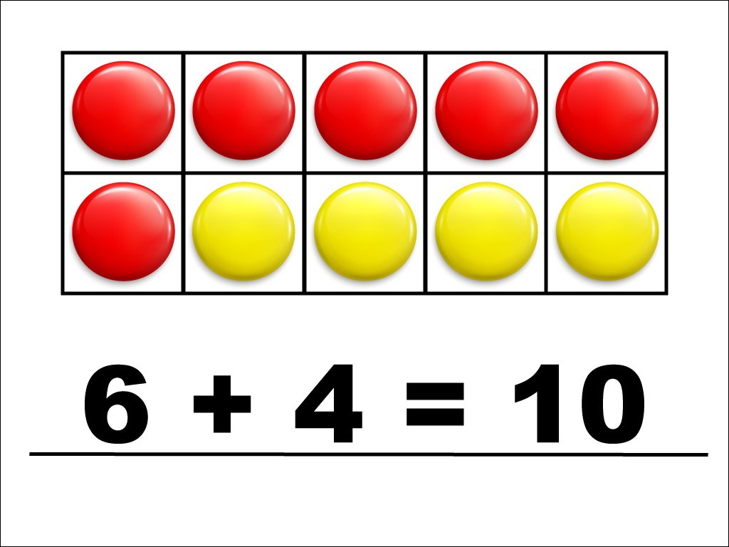 Modeling 6 + 4 with red and yellow counters.