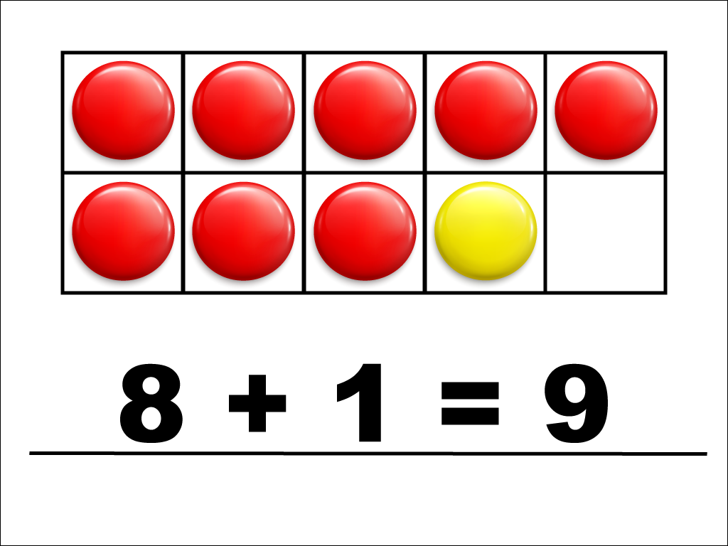 Modeling 8 + 1 with red and yellow counters.
