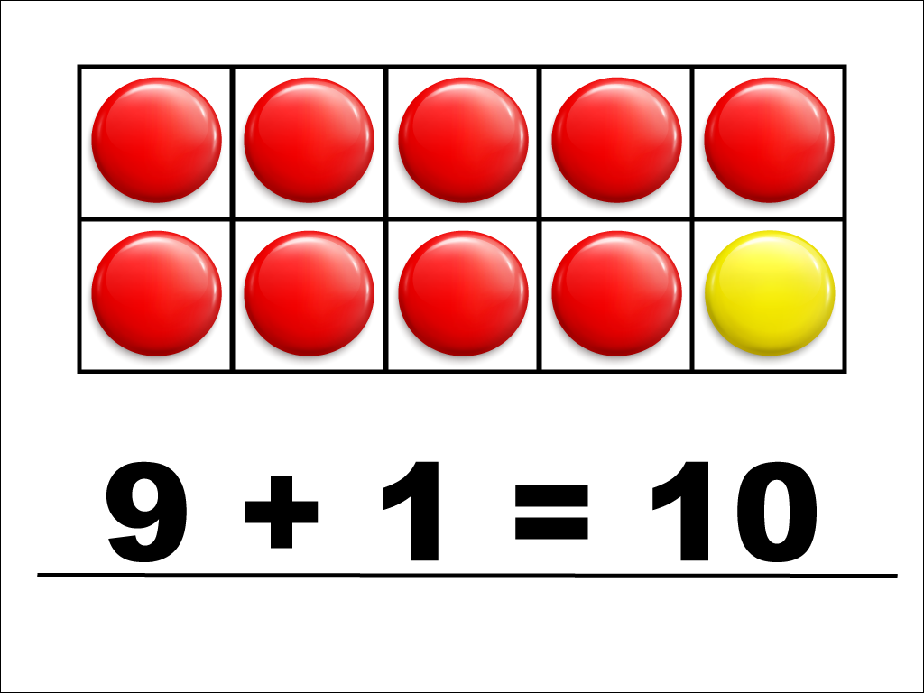 Modeling 9 + 1 with red and yellow counters.