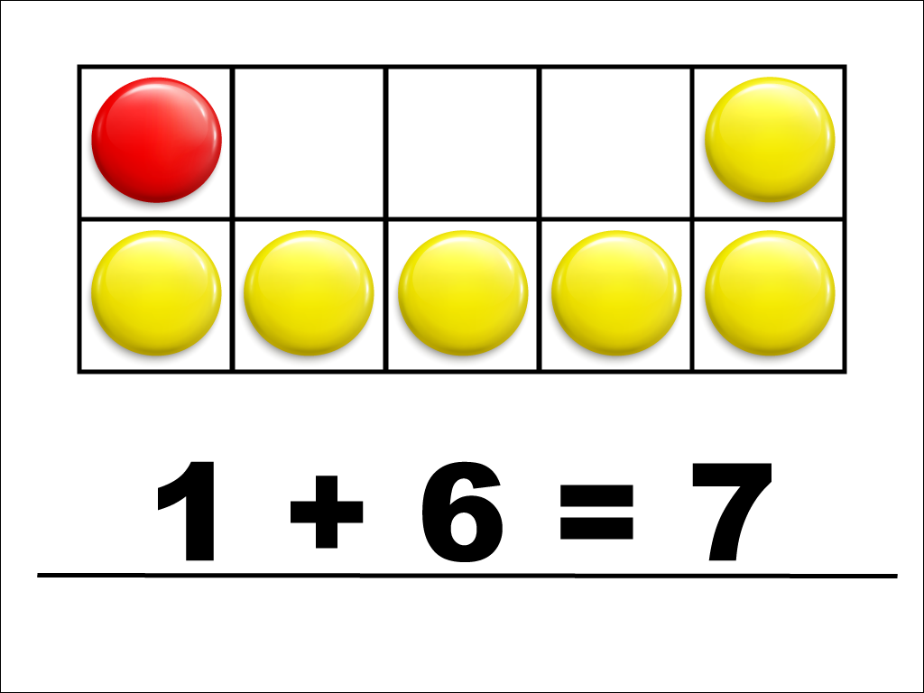 Modeling 1 + 6 with red and yellow counters.