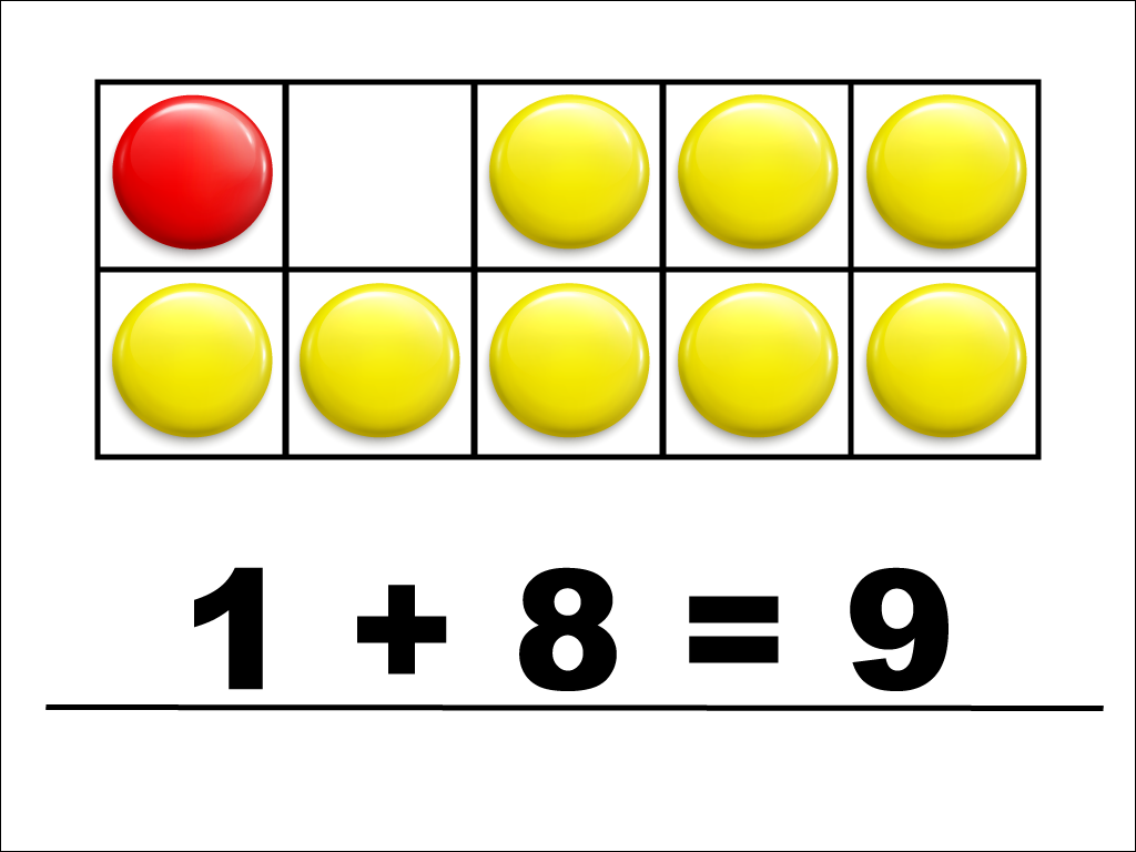 Modeling 1 + 8 with red and yellow counters.
