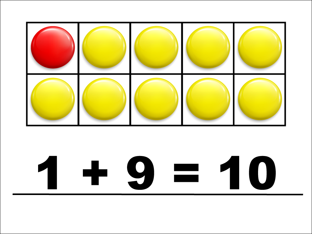 Modeling 1 + 9 with red and yellow counters.