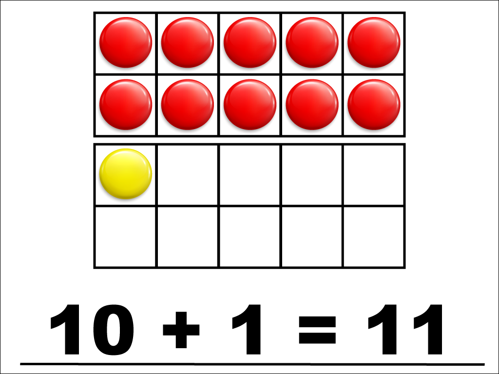 Modeling 10 + 1 with red and yellow counters.
