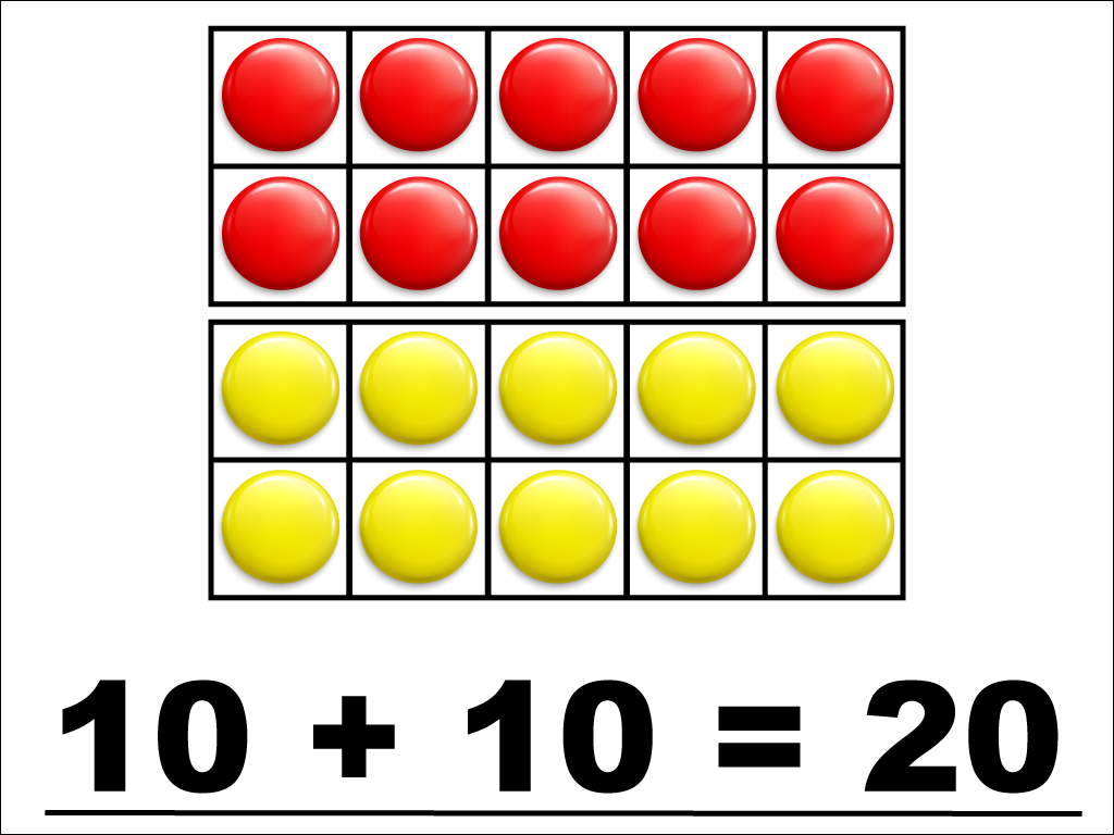 Modeling 10 + 10 with red and yellow counters.