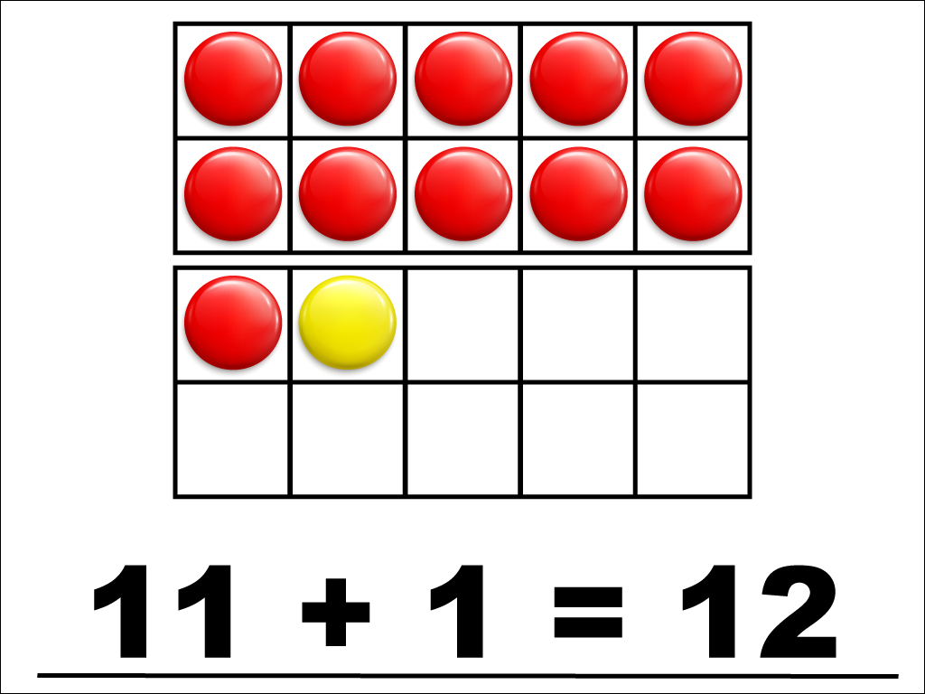 Modeling 11 + 1 with red and yellow counters.