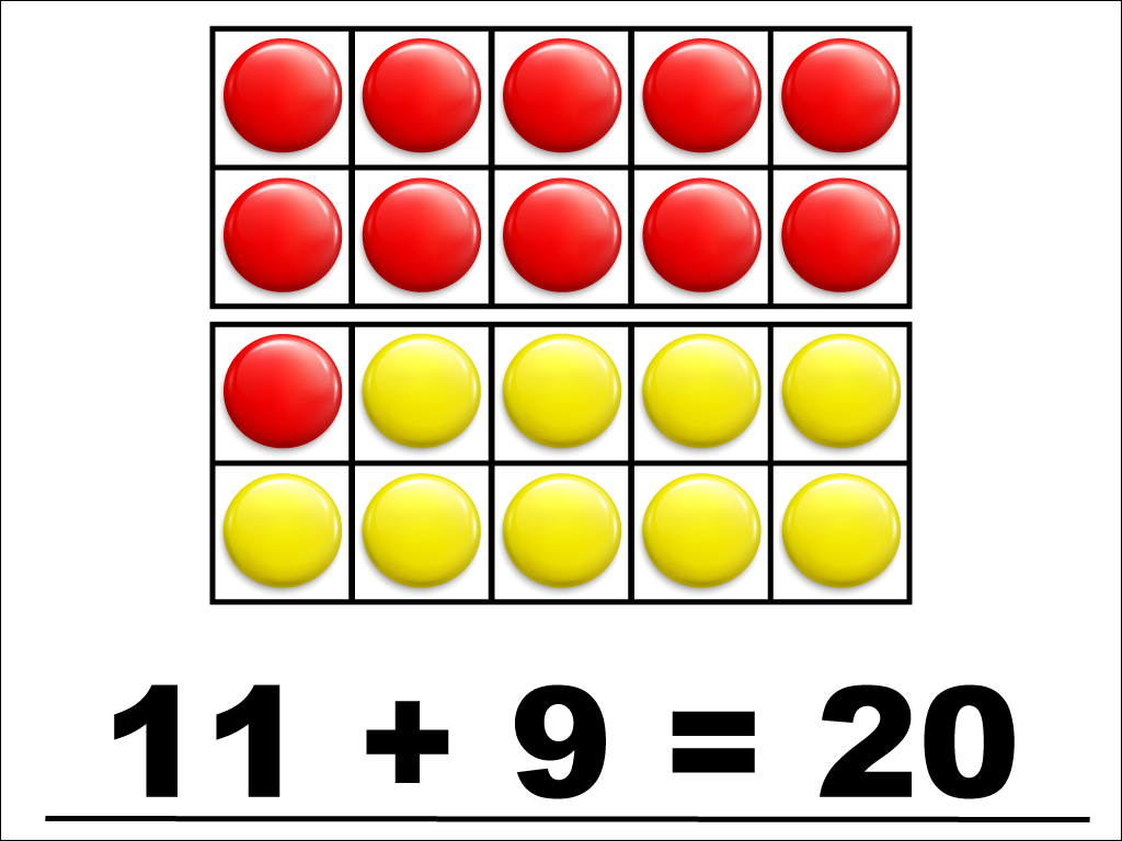 Modeling 11 + 9 with red and yellow counters.