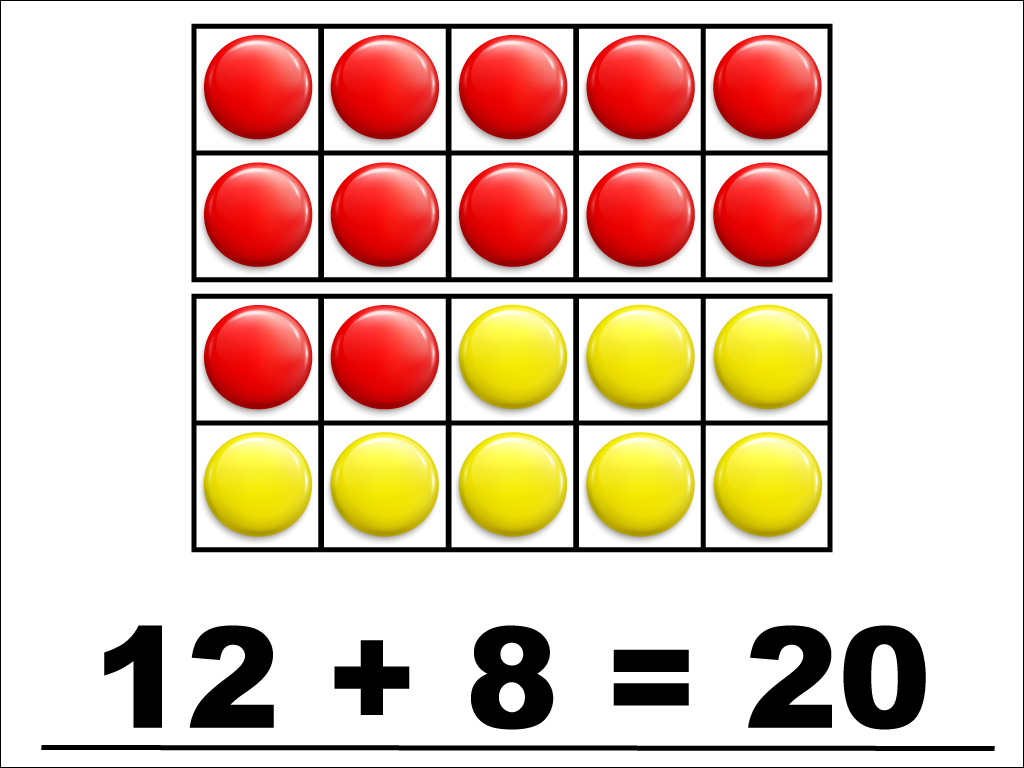 Modeling 12 + 8 with red and yellow counters.