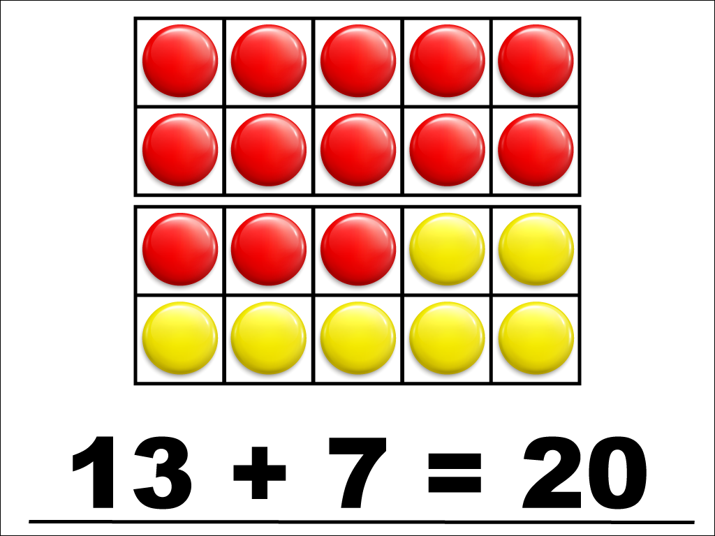 Modeling 13 + 7 with red and yellow counters.