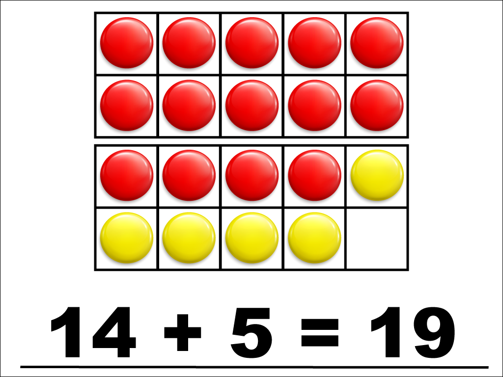 Modeling 14 + 5 with red and yellow counters.