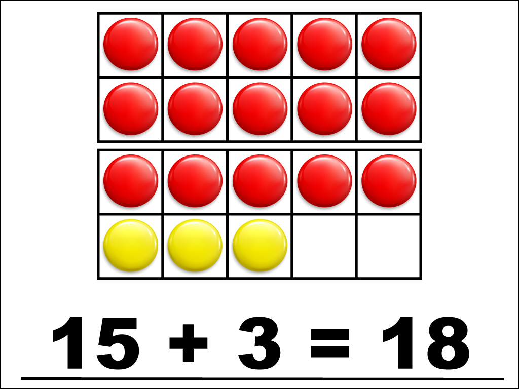 Modeling 15 + 3 with red and yellow counters.