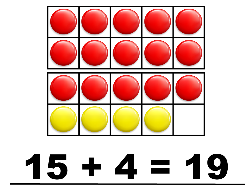 Modeling 15 + 4 with red and yellow counters.