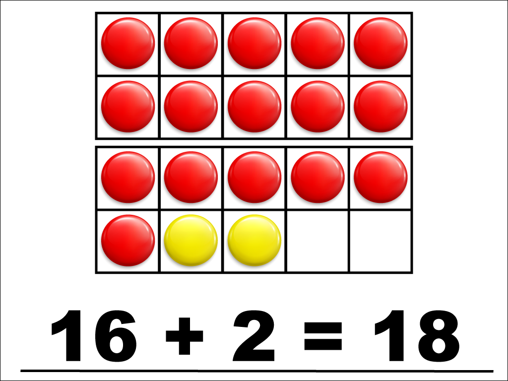 Modeling 16 + 2 with red and yellow counters.