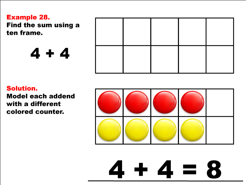 Modeling 4 + 4 using red and yellow counters.