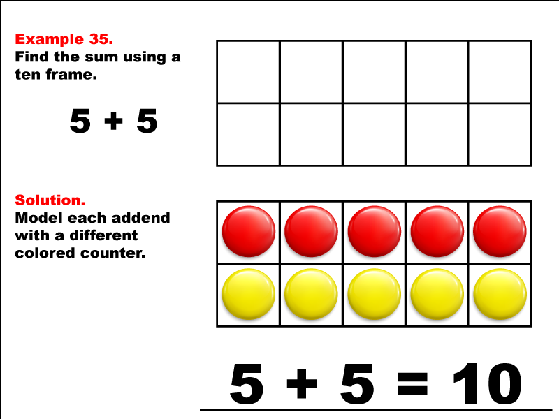 Modeling 5 + 5 using red and yellow counters.