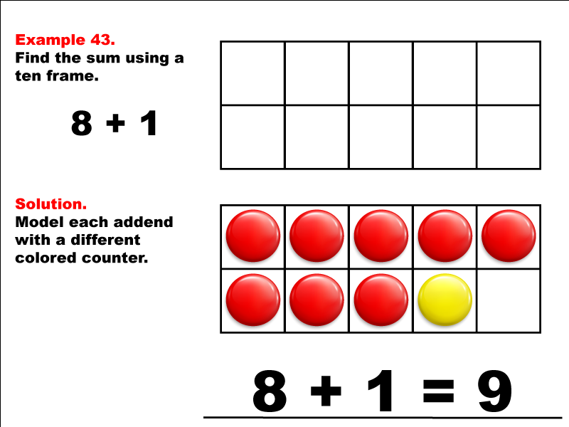 Modeling 8 + 1 using red and yellow counters.