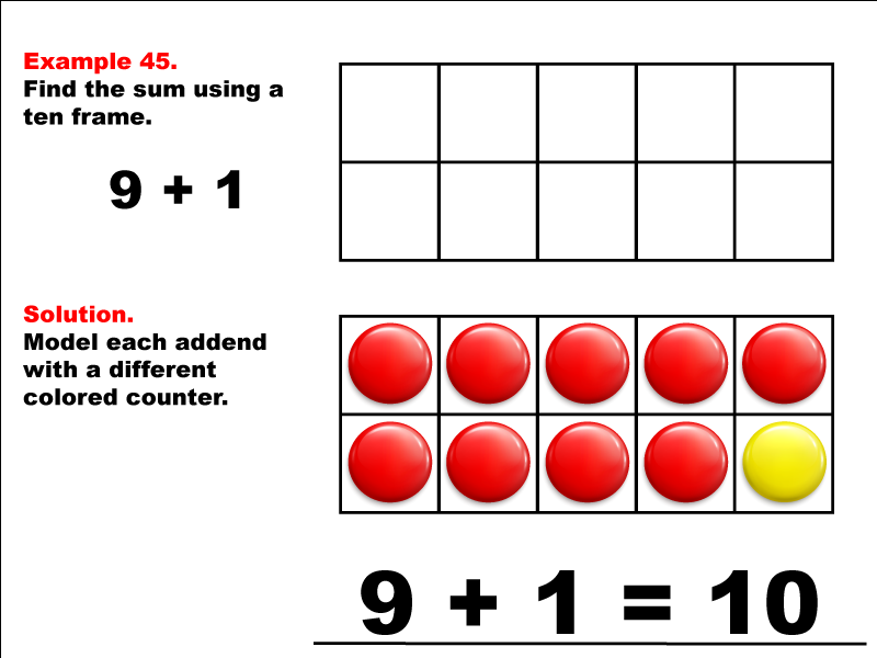 Modeling 9 + 1 using red and yellow counters.