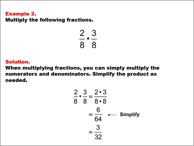 Multiplying Fractions: Example 2. Multiplying two fractions with a common denominator. The product is a proper fraction.
