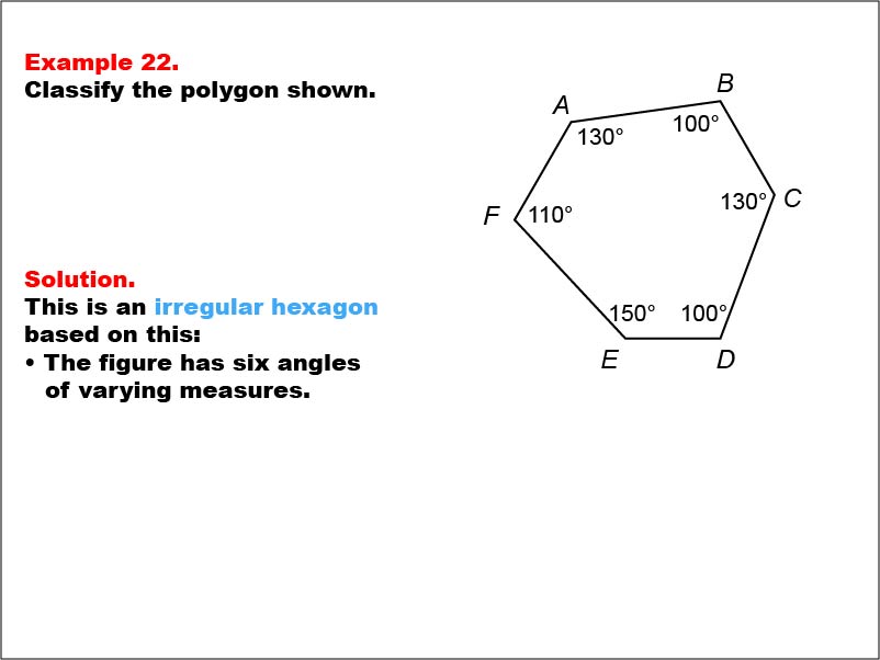 Polygon Classification: Example 22. An irregular hexagon with all angle measures shown numerically.