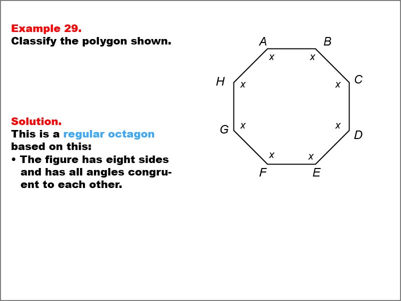 Polygon Classification: Example 29. A regular octagon with all angle measures shown as variables.