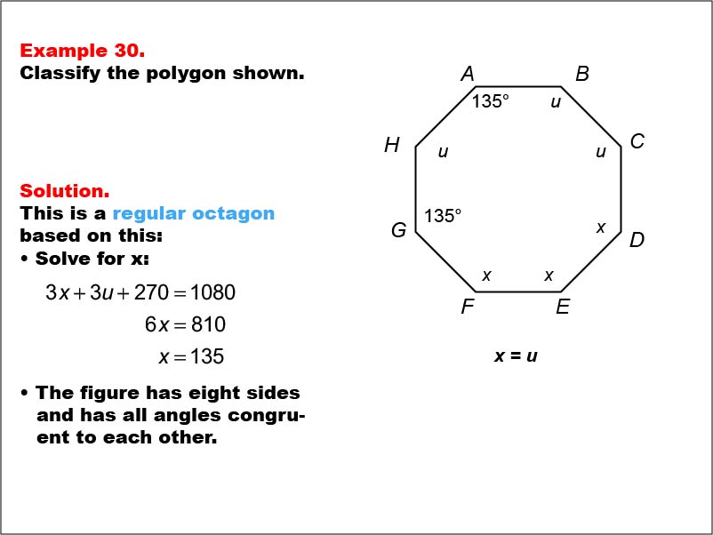 Polygon Classification: Example 30. A regular octagon with all angle measures shown as numbers and variables.