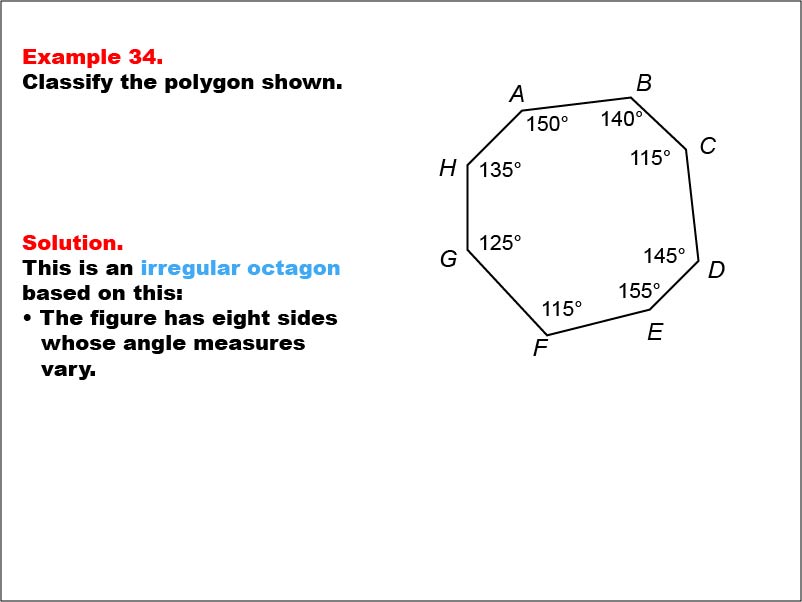 Polygon Classification: Example 34. An irregular octagon with all angle measures shown numerically.