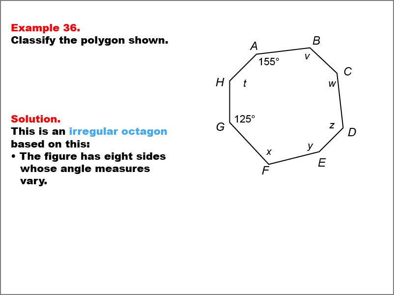 Polygon Classification: Example 36. An irregular octagon with all angle measures shown as numbers and variables.