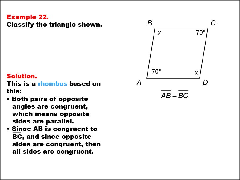 Quadrilateral Classification: Example 22. A rhombus with all angle measures shown as variables and numbers.