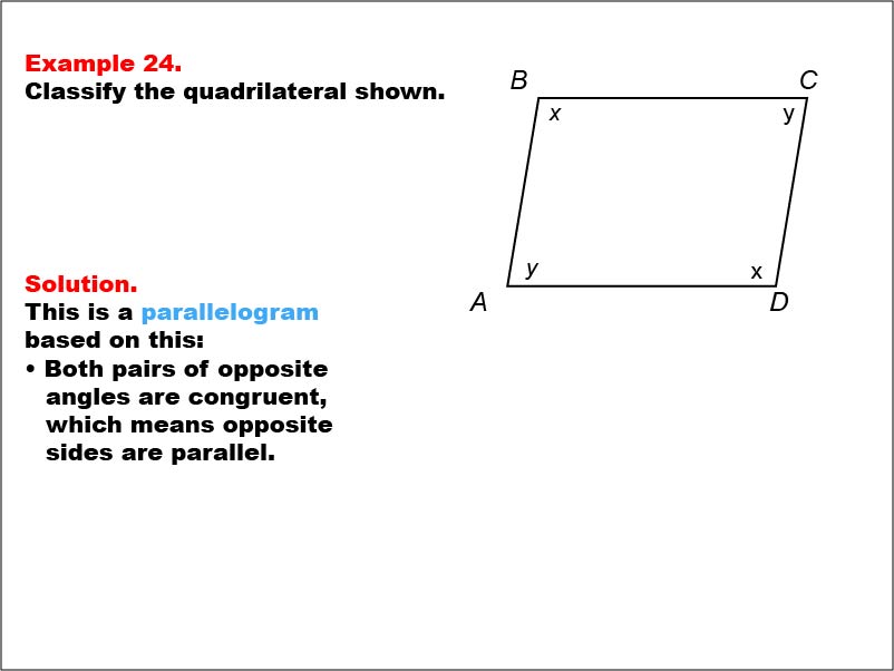 Quadrilateral Classification: Example 24. A parallelogram with all angle measures shown as variables.