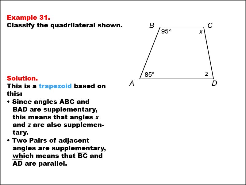 Quadrilateral Classification: Example 31. A trapezoid with all angle measures shown as variables and numbers.