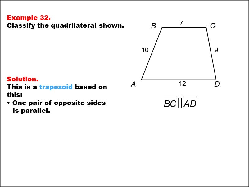 Quadrilateral Classification: Example 32. A trapezoid with all side measures shown as numbers.