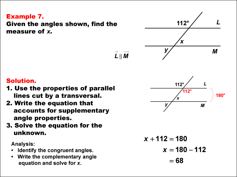 This math example shows how to use angle properties to solve equations.