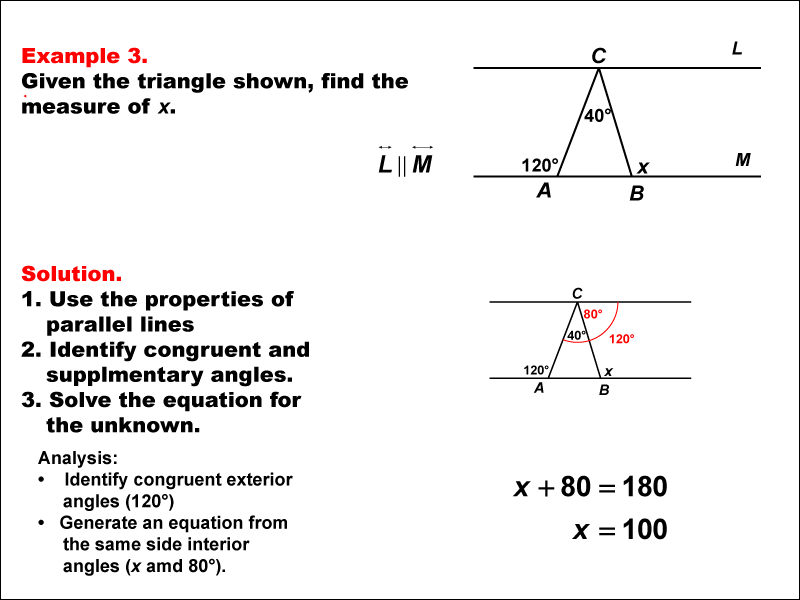 This math example shows how to use triangle properties to solve equations.