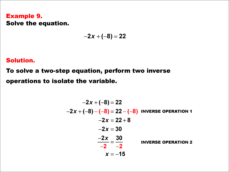 Math Example: Solving Two-Step Equations of the Form A X plus B equals C--Example 9