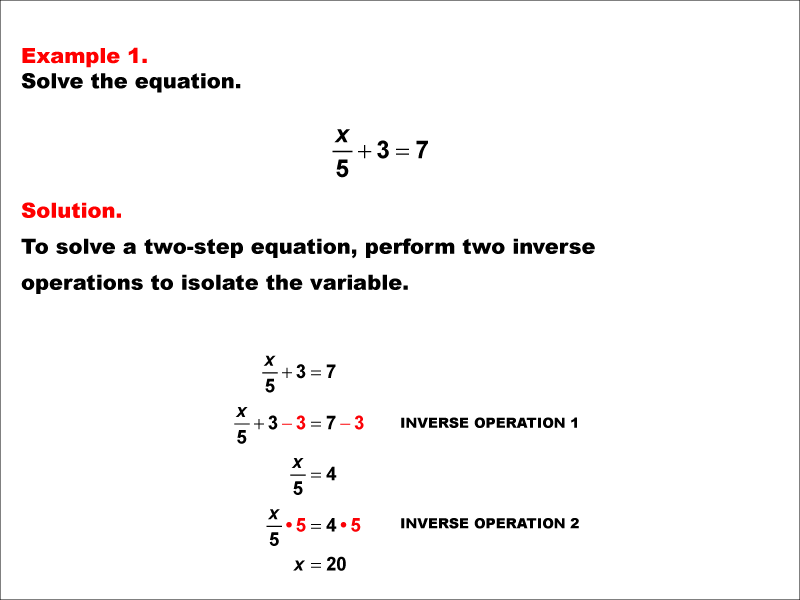 Math Example: Solving Two-Step Equations of the Form X divided by A plus B equals C--Example 1