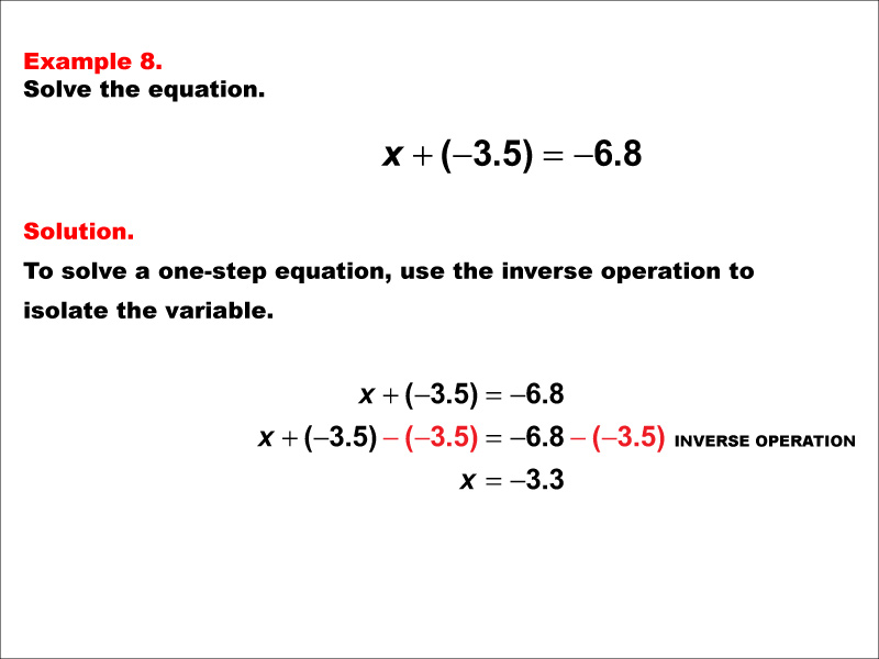 Solving a one-step addition equation of the form X + negative A = negative B. The values of A and B are decimals