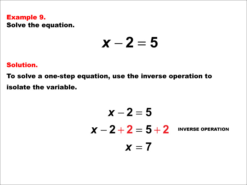 Solving a one-step subtraction equation of the form X minus A = B. The values of A and B are integers.
