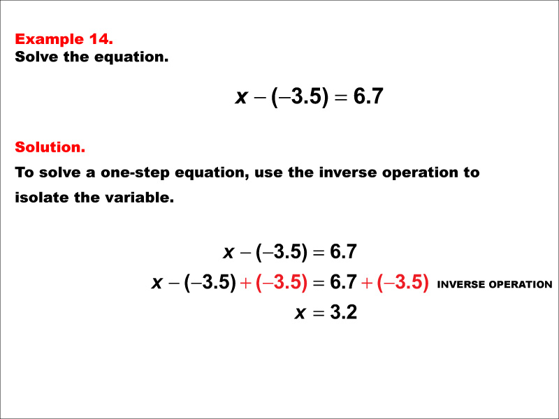 Solving a one-step subtraction equation of the form X minus negative A = B. The values of A and B are decimals.