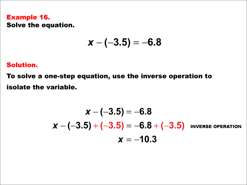 Solving a one-step subtraction equation of the form X minus negative A = negative B. The values of A and B are decimals.