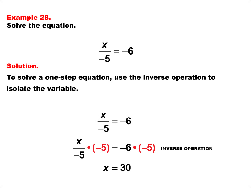 Solving a one-step division equation of the form X divided by negative A = negative B. The values of A and B are integers.