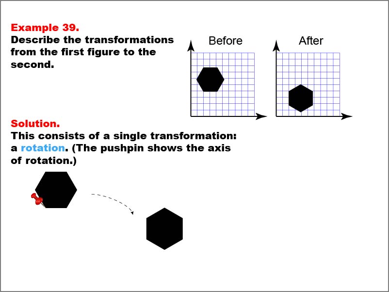 Transformations: Example 39. In this example, a hexagon is rotated.