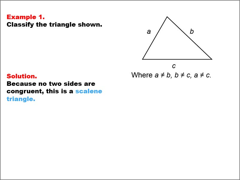 Triangle Classification: Example 1. Scalene triangle with all sides shown as variables.